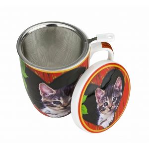 Carmani CR-017-2503, 14 Oz Porcelain Mug with Lid and Infuser, Cats Print, EA