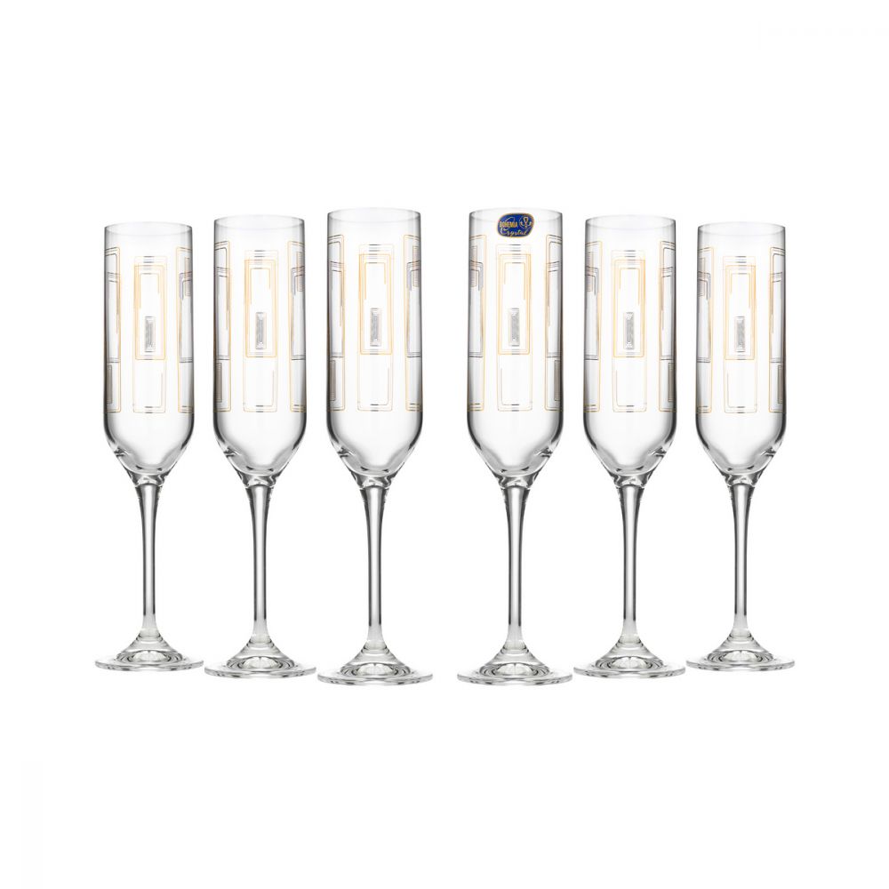 Bohemian Crystal Glass Set of 7 Champagne Flute Wine Glasses 12 oz