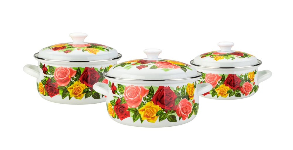 Rose Paradise Enamel Cooking Pots, 2, 3 and 4 Liters, Kitchen