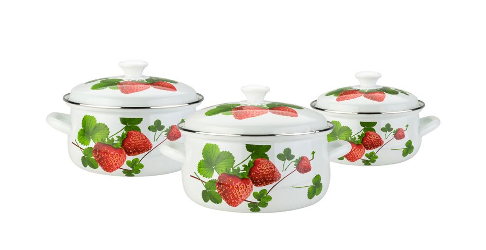 Summer Berry Enamel Cooking Pots, 2, 3 and 4 Liters, Kitchen Cookware Set,  Home Cooking Appliance